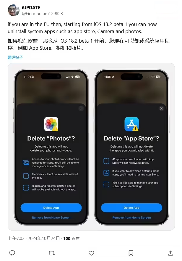 望谟苹果手机维修分享iOS 18.2 支持删除 App Store 应用商店 